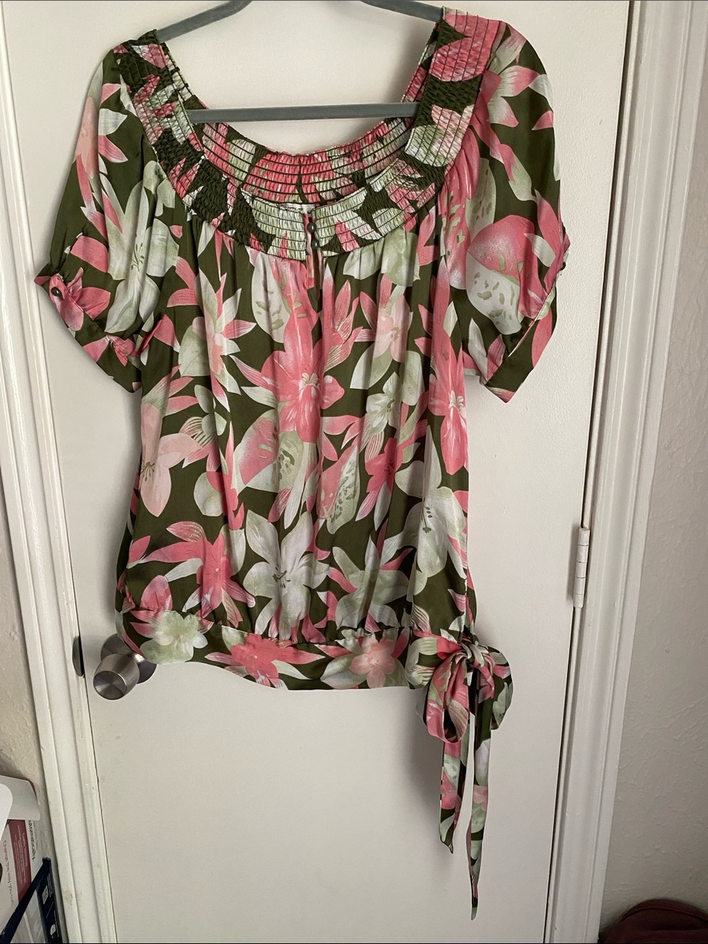 Jaipur Olive Tunic with Pink Floral Print and Cream Accents